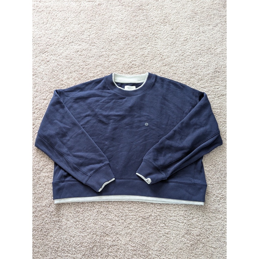 American Eagle Layered French Terry Sweatshirt Medium Oversized Navy Blue NWT